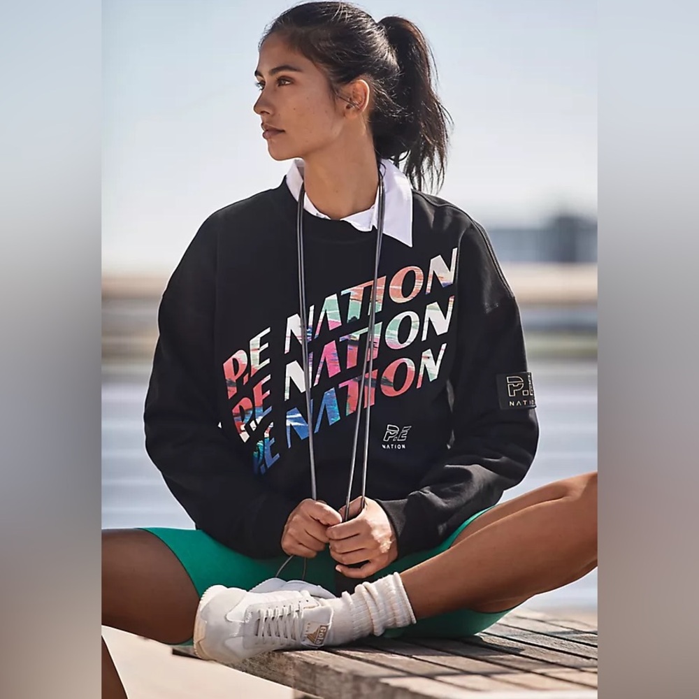 P.E NATION CHECK MARK GRAPHIC PULLOVER Anthropologie Black Large NWT